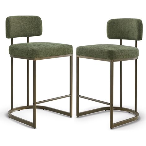 Lot de 2 Tabourets de Bar, Hauteur Comptoir 66 cm Tissu lin, Piètement Métal-Vert