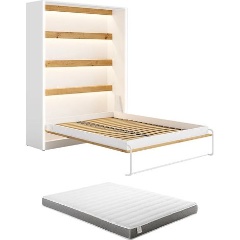 Lit escamotable 140 x 200 cm - Ouverture verticale manuelle - Avec LEDs - Blanc et naturel + Matelas - RAPILI (1/5)