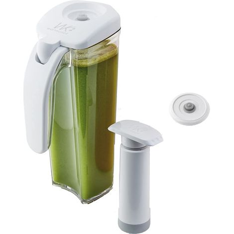 Kit de conservation sous vide pour jus de fruits et légumes : Carafe sous vide 1L + pompe + couvercle universel taille S, Blanc/Transparent (1/5)