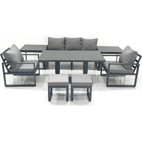 Fimous Outdoor Aluminium Garden Furniture Set with Adjustable Rising Lifting Dining Table 3 Seater Sofa 2 Chair 2 Small Footstools 2 Side Tables Dark Grey (1/5)