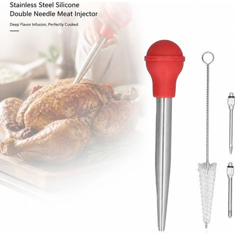 Seringue à Viande Inox Silicone Épaissi Double Aiguille 27cm avec Brosse de Nettoyage Rouge pour Cuisine (1/5)