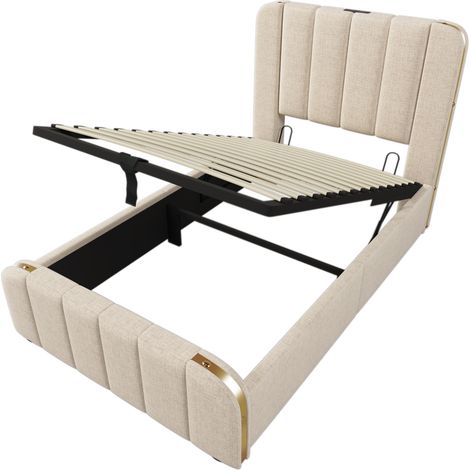 Gepolstertes Bett 90 x 200 cm Beige aus Leinen mit Stauraum, USB-C und Matratze (1/5)