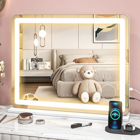 Vanity Mirror with Lights, Large 80x62 cm Lighted Makeup Mirror with 3 Colour, 10X Magnifying, USB Charging Port, Touch Screen, Tabletop or Wall Mounted Design, White
