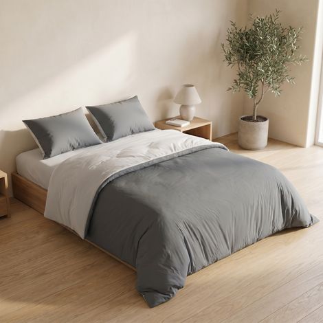 Parure de lit 4 pièces, pour lit double 160x200 cm, housse de couette et drap-housse, design réversible avec fermeture éclair, tissu doux et respirant, style scandinave, Gris