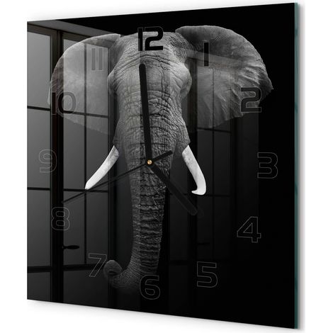 Horloge Murale Carrée Objet Décoratif en Verre Silencieuse pour Salon Éléphant d'Afrique 30x30 cm