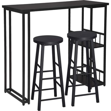 WOLTU 1 x Bartisch + 2 x Barhocker mit 2 Ablagefläche aus Metallgestell und MDF schwarz (1/5)