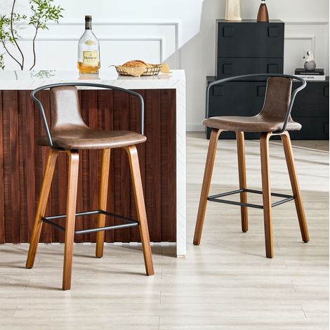 Taburete de bar escandinavo con reposabrazos, asiento acolchado, patas de madera y estructura de metal, marrón (1/5)