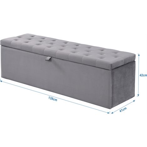 Banc gris en velours avec assise capitonnée, tabouret coffre pour pied de lit, rangement intégré, dimensions 138x41x42 cm (1/5)
