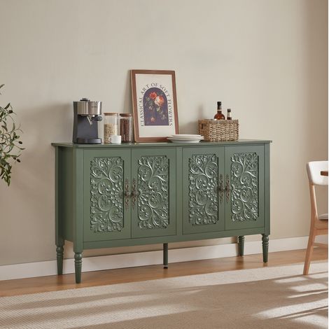 Aparador vintage (160x40x89 cm), con puertas de relieve retro, esquinas redondeadas, tablero de partículas, MDF, metal y verde (1/5)