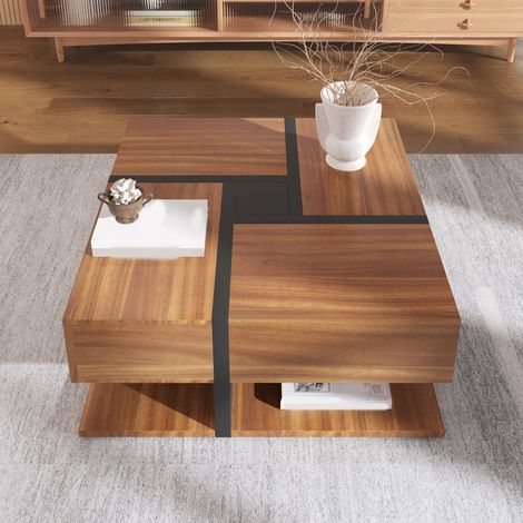 Table basse carrée bicolore - 78x78x36 cm - Design graphique avec 4 tiroirs et étagère de rangement basse - Style moderne - Naturel (1/5)