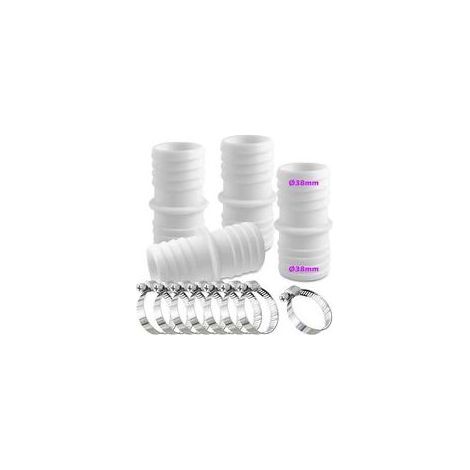 Lot de 4 raccords de tuyau de 38 mm avec 8 colliers de serrage - Adaptateur de tuyau double (blanc)