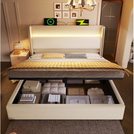 Letto contenitore 180x200 cm con LED, porte USB/Type-C, testiera alta, beige DESVIAE (1/5)