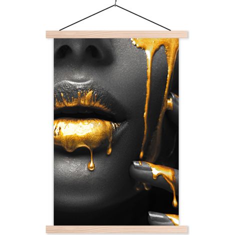AFFICHE AVEC CADRE MAGNÉTIQUE Femme - Noir - Or - Visage - Lèvres 40x60 (1/3)