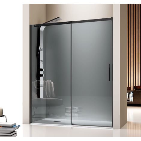Mampara de ducha frontal + Puerta Corredera 130 cm LUNA Negro con Cristal serigrafiado