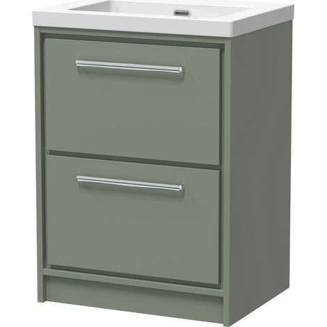 Balterley Longnor Modern Bathroom 2 Soft-Close Drawer Floor Standing Vanity Unit Fireclay Basin, Fern Green, 600mm