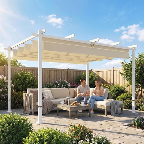 Gazebo da giardino con tetto retrattile, telo scorrevole magnetico e fori di drenaggio, 390x297x227 cm, beige.