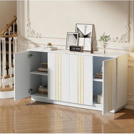 Credenza soggiorno 35x140x70 cm, 4 ante, ripiani regolabili, linee dorate, pannello truciolare, bianco (1/5)