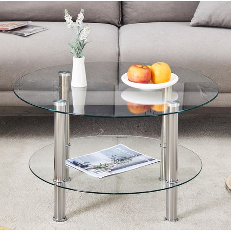 Table basse ronde 70x60x42 cm argent en verre et métal avec double plateau et rangement (1/5)