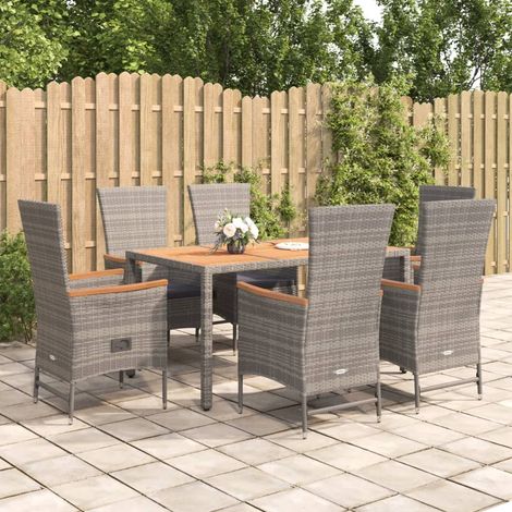7-tlg. Garten-Essgruppe mit Kissen Grau Poly Rattan