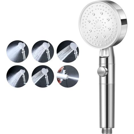 1 PC (argent) Hochdruck-Wassersparduschkopf, Handbrause Duschkopf Badezimmer Einstellbar 5 Modi, Anti-Kalk-Duschkopf mit Stopp, Einfach zu installieren (1/5)