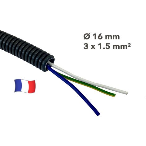Gaine électrique préfilée 15 mètres diam 16 avec 3 fils Bleu, Vert/Jaune, Ivoire 1.5 mm² - PREFA ELEC (1/2)