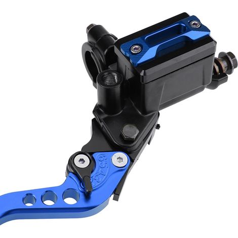 Modification de moto avec freins hydrauliques et levier d'embrayage, comportant une paire de coupelles d'huile métalliques bleues à gauche et à droite. (1/5)