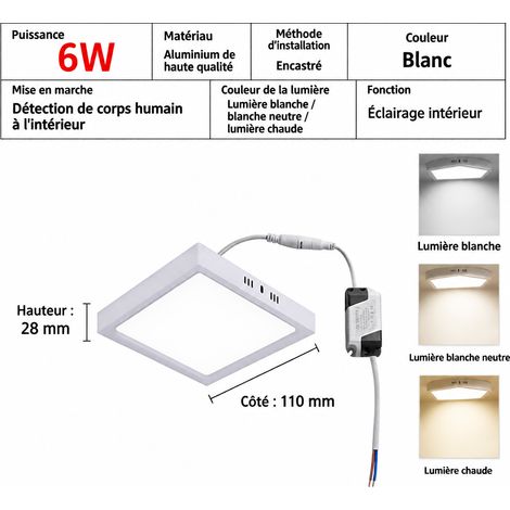Plafonnier LED carré en saillie 6W 110x28mm lumière neutre 4500K en aluminium 6w φ110 h28mm 4500k 100 g – Livraison gratuite