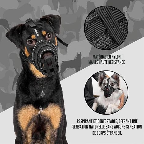 Muselières pour Chiens, Maille Respirante Nylon, Museliere pour Chiens Ajustable avec Sangles, Respectueuse du Chien Qui Peut Haleter Et Boire, Museliere Anti Aboiement, L (1/4)