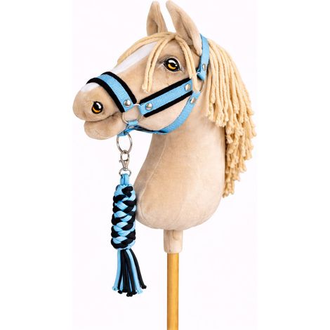 Ensemble pour cheval à bascule : licol A3 avec fourrure noire + longe en corde - Noir et bleu (1/5)