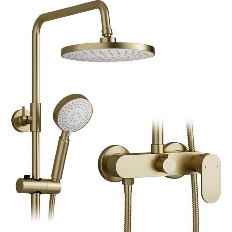 Columna ducha,Juego de ducha de pared 2 en 1,Cabezal de ducha de lluvia redondo de 225 mm,Sistema de ducha retro de oro cepillado,Cabezal de ducha de lluvia ajustable 360°,Ducha de mano de 3 modos (1/5)