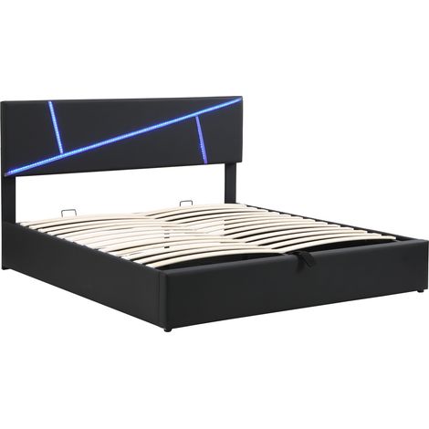 Lit coffre 140x200 cm en PU noir avec LED, sommier à lattes inclus et ouverture hydraulique (1/5)