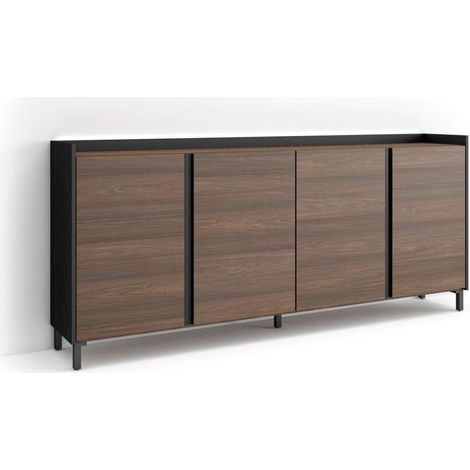 Aparador Alfarnatejo-01 de 207x91x35 cm con 4 puertas, LED, color roble oscuro y negro (1/4)