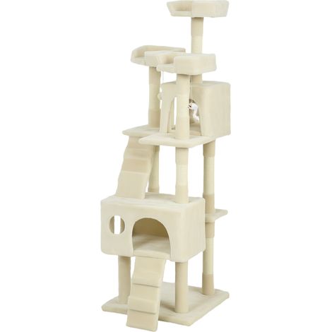 Arbre à chat, arbre pour chat 153 cm avec 2 grottes, 3 lits, 2 rampes, poteaux en sisal, souris suspendues Crème (1/5)