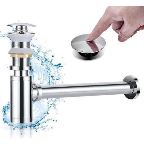 Siphon Lavabo avec Bonde Lavabo Pop-up sans Trop-plein, Ensemble Vidage et Siphon Salle de bain, Kit Siphon Bonde Lavabo Design Automatique en Laiton Massif, Chromé (1/5)