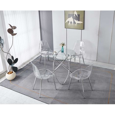 Conjunto de comedor de metal color cromo con 1 mesa y 4 sillas tapizadas en terciopelo (1/5)