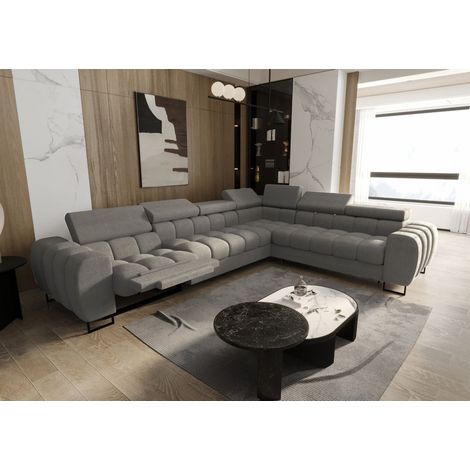 Ecksofa Schlafsofa BASTIEN RELAX in Stoff Moly Grau Ottomane Rechts
