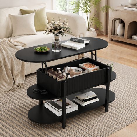 Table basse relevable noir 106 cm, Table de salon avec coffre de rangement caché, Plateau hydraulique, Style moderne