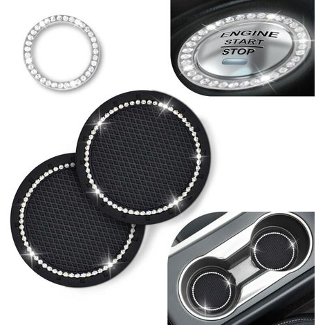 Dessous de verre pour voiture (lot de 2) Bouton de démarrage bling-bling (lot de 1) Accessoires de voiture uniques (1/5)