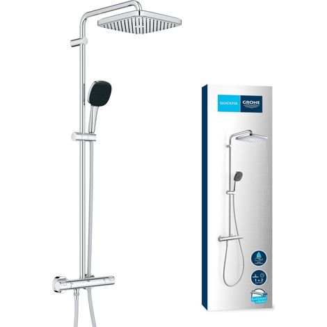Colonne de Douche avec Mitigeur Thermostatique (Douche de Tête Cube 25cm 1 jet (Pluie), Pommeau de Douche 11cm 2 jets, Flexible 1.75m, Economie d'Eau, Chromé, 26696001 (1/5)