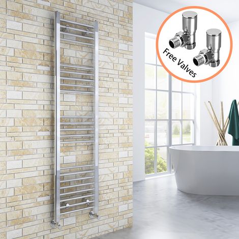 ELEGANT Chrome Heated Towel Rail Straight Designer Bathroom Radiator (1600x400mm) + Angled Radiator Valves