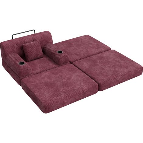 Sillón cama individual de cordón con puf, respaldo alto, 2 portavasos y 4 bolsillos, rojo vino (1/5)