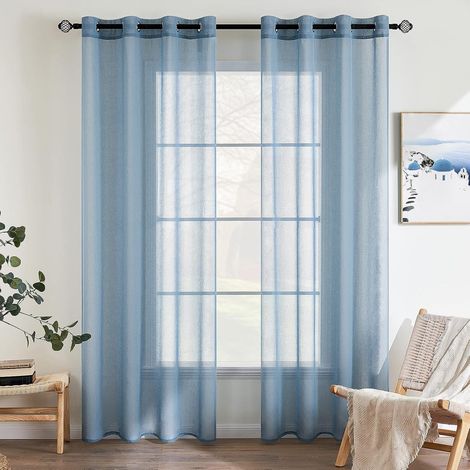 Rideaux Transparents Couleur Pure Panneaux Voile De Fenêtre Élégant pour Chambre Salon 2 Panneaux à Oeillets 140x235cm Bleu Poussiéreux (1/5)