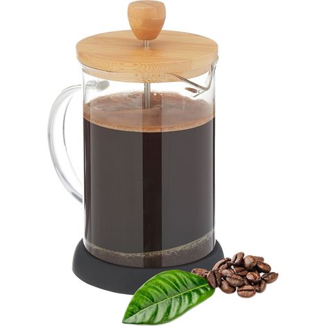 Cafetière, Machine à café Manuelle, passoire, 800 ML, théière Verre et Couvercle Bambou, Transparent/Nature (1/5)