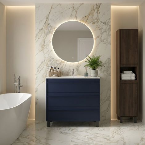Mobile Bagno a Terra 80 cm con Lavabo in Ceramica e 3 Cassetti Blu Satinato – Urban