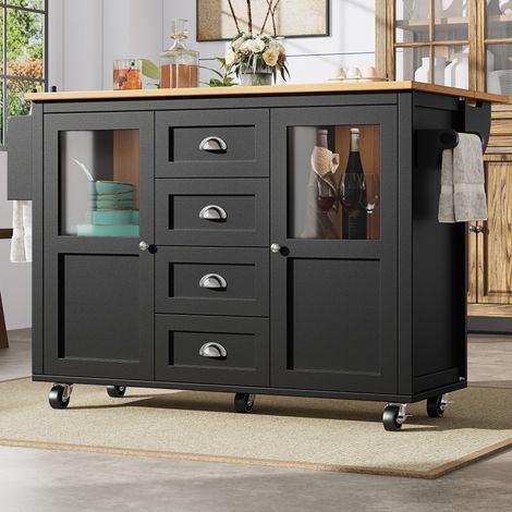 Îlot de cuisine 137,9x73x92,5 cm noir avec plateau rabattable, 4 tiroirs et roulettes (1/5)