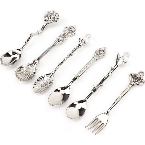 6-teiliges Set Innovatives Vintage-Retro-Besteckset aus Zinklegierung, Löffel und Gabel, Küchenaccessoire, Silber (Gabelgriff mit Krone) (1/5)
