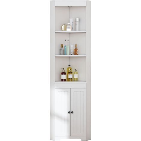 Armario de Baño Esquinero con 2 Puertas, 3 Huecos Abiertos y Estante Ajustable, en MDF, Blanco, 49.5 x 35 x 170 cm (1/5)