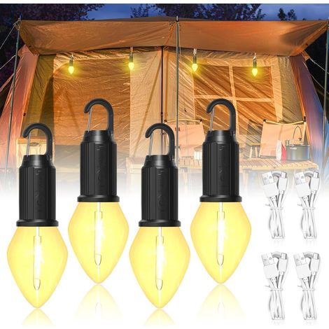 Portable Rechargeable Camping Lamp with Hook, Camping Lantern with 3 Light Modes, Continuous Light Adjustment, IP65 Waterproof, Rechargeable Tent Lamp for Camping, 4 Pieces (1/5)