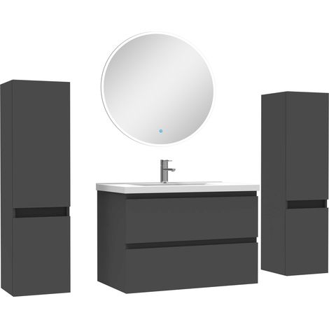 Ensemble meubles Salle de Bain avec colonne + miroir rond mural 80cm meuble Anthracite