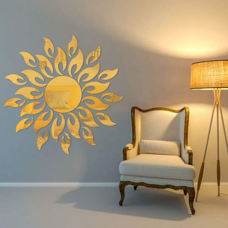 3D-Spiegel-Wandaufkleber Sonnenblume, Wandaufkleber mit Sonnenmuster, runde Blume, Sonnenblume, abnehmbares Acryl (gold)